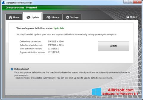 스크린 샷 Microsoft Security Essentials Windows 8.1