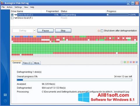 스크린 샷 Auslogics Disk Defrag Windows 8.1
